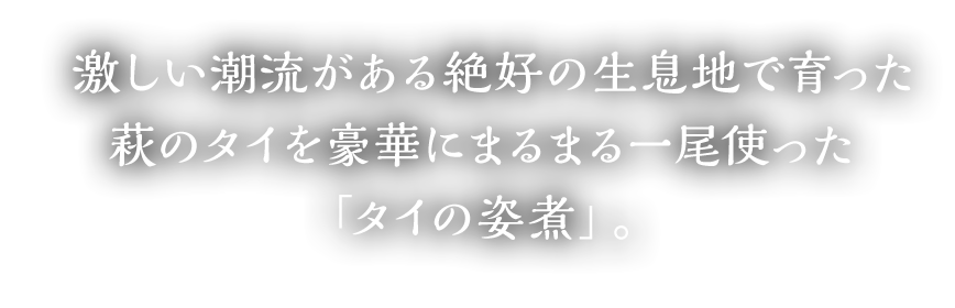 激しい潮流がある絶好の生息地で育った萩のタイを豪華にまるまる一尾使った「タイの姿煮」。