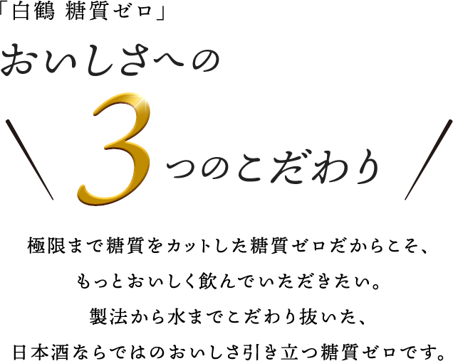 おいしさへの3つのこだわり 極限まで糖質をカットした糖質ゼロだからこそ、もっとおいしく飲んでいただきたい。製法から水までこだわり抜いた、日本酒ならではのおいしさ引き立つ糖質ゼロです。