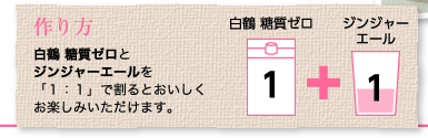 作り方：白鶴 糖質ゼロとジンジャーエールを「１：１」で割るとおいしくお楽しみいただけます。