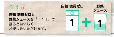 作り方：白鶴 糖質ゼロと野菜ジュースを「１：１」で割るとおいしくお楽しみいただけます。