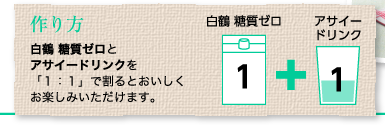 作り方：白鶴 糖質ゼロとアサイードリンクを「１：１」で割るとおいしくお楽しみいただけます。