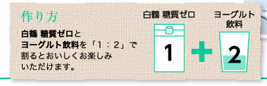 作り方：白鶴 糖質ゼロとヨーグルト飲料を「１：２」で割るとおいしくお楽しみいただけます。